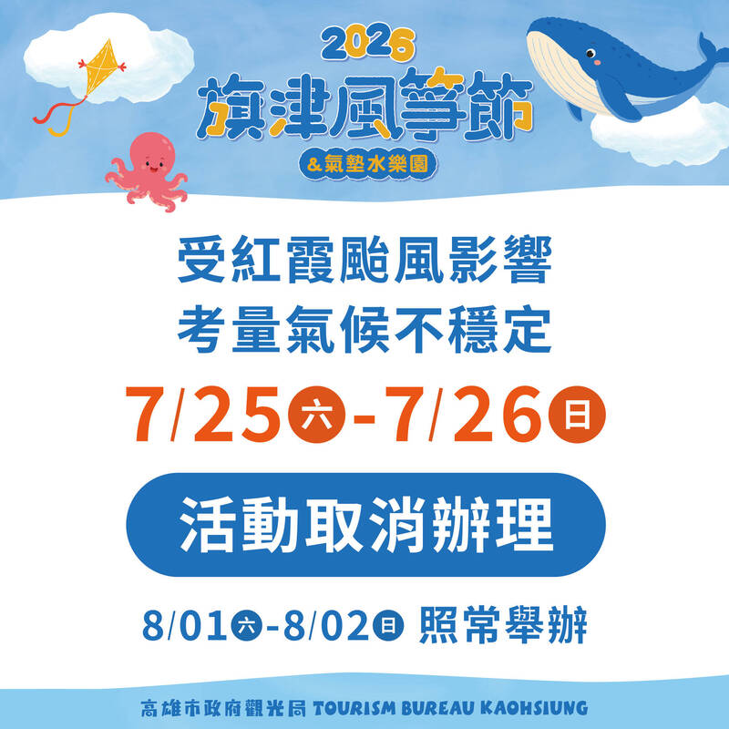 紅霞颱風逼近 旗津風箏節暨氣墊水樂園7/25、26取消