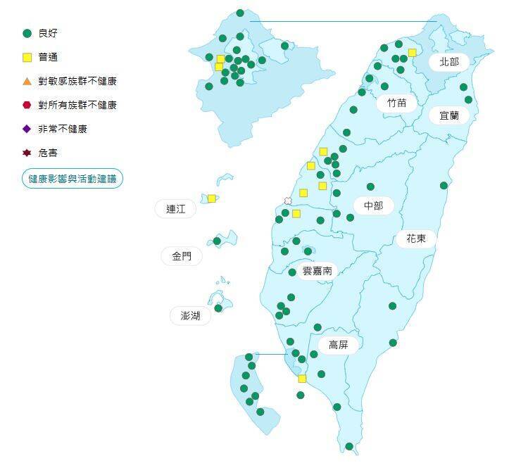 今日各地空氣品質指標預報概況。（圖擷取自環境部空氣品質監測網）