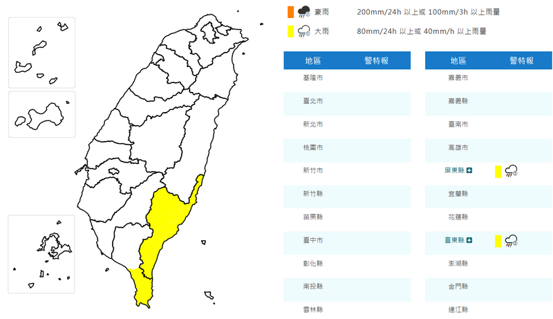 氣象署發布大雨特報!屏東恆春、台東注意雷擊強陣風