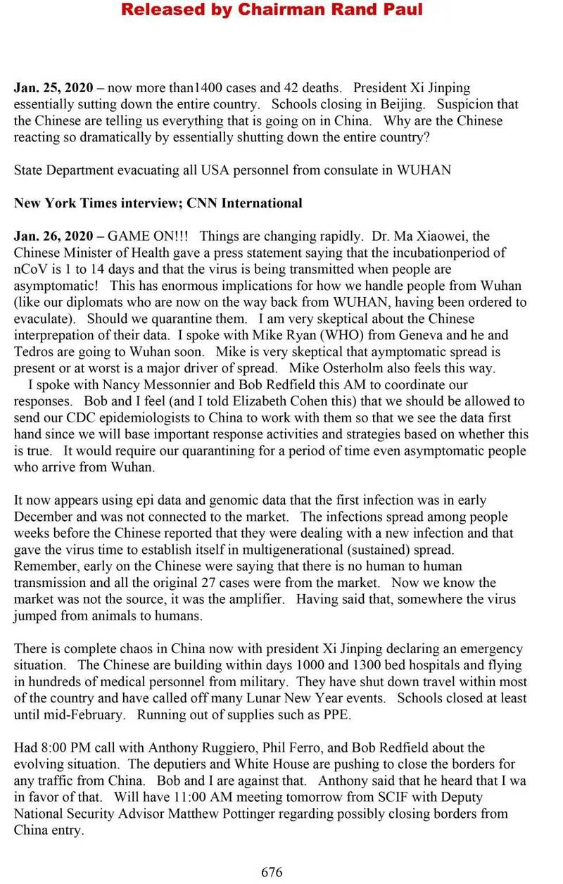 美国共和党参议员保罗公布据称为佛奇疫情期间的私人笔记，其中提到武汉华南市场「不是疫情源头，而是放大器」。 （翻摄自Rand Paul公布文件）
