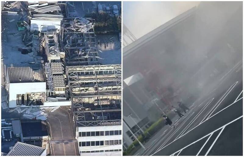 熊本永旺夢樂城發生爆炸，現場建物受損，煙塵瀰漫。（圖翻攝自X）
