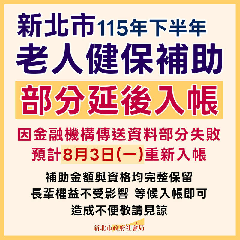 新北健保補助7/31未入帳 社會局電話被打爆「8/3重撥款」