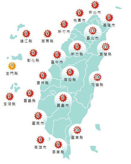今日各地紫外線指數預報概況。(圖擷取自中央氣象署)