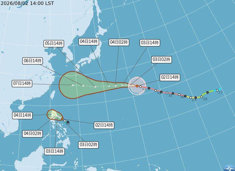 下午2點強颱「白海豚」的路徑預報圖,預計週六進入東海,週四後太平洋高壓強弱變化將影響最終路徑。(圖取自氣象署官網) 下午2點強颱「白海豚」的路徑預報圖,預計週六進入東海,週四後太平洋高壓強弱變化將影響最終路徑。(圖取自氣象署官網)