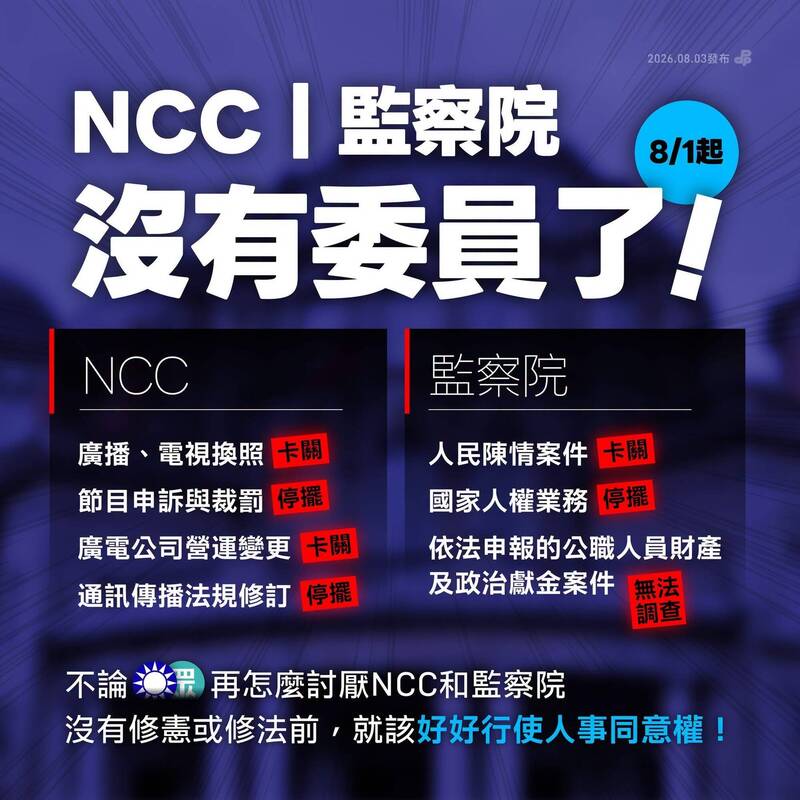 曝監察院、NCC委員歸零7大後果 綠營喊話藍白委「好好上班」