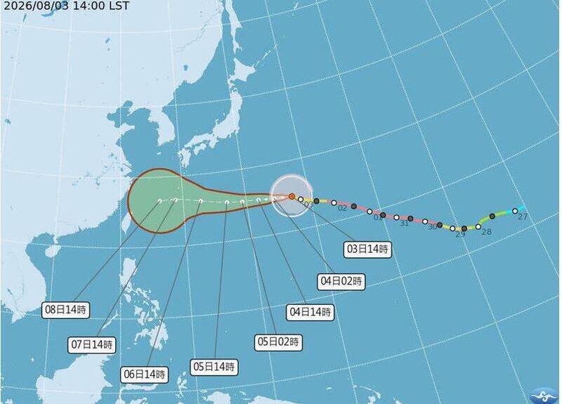 下午2點中颱「白海豚」的路徑預報圖，持續向西。（圖取自氣象署官網）