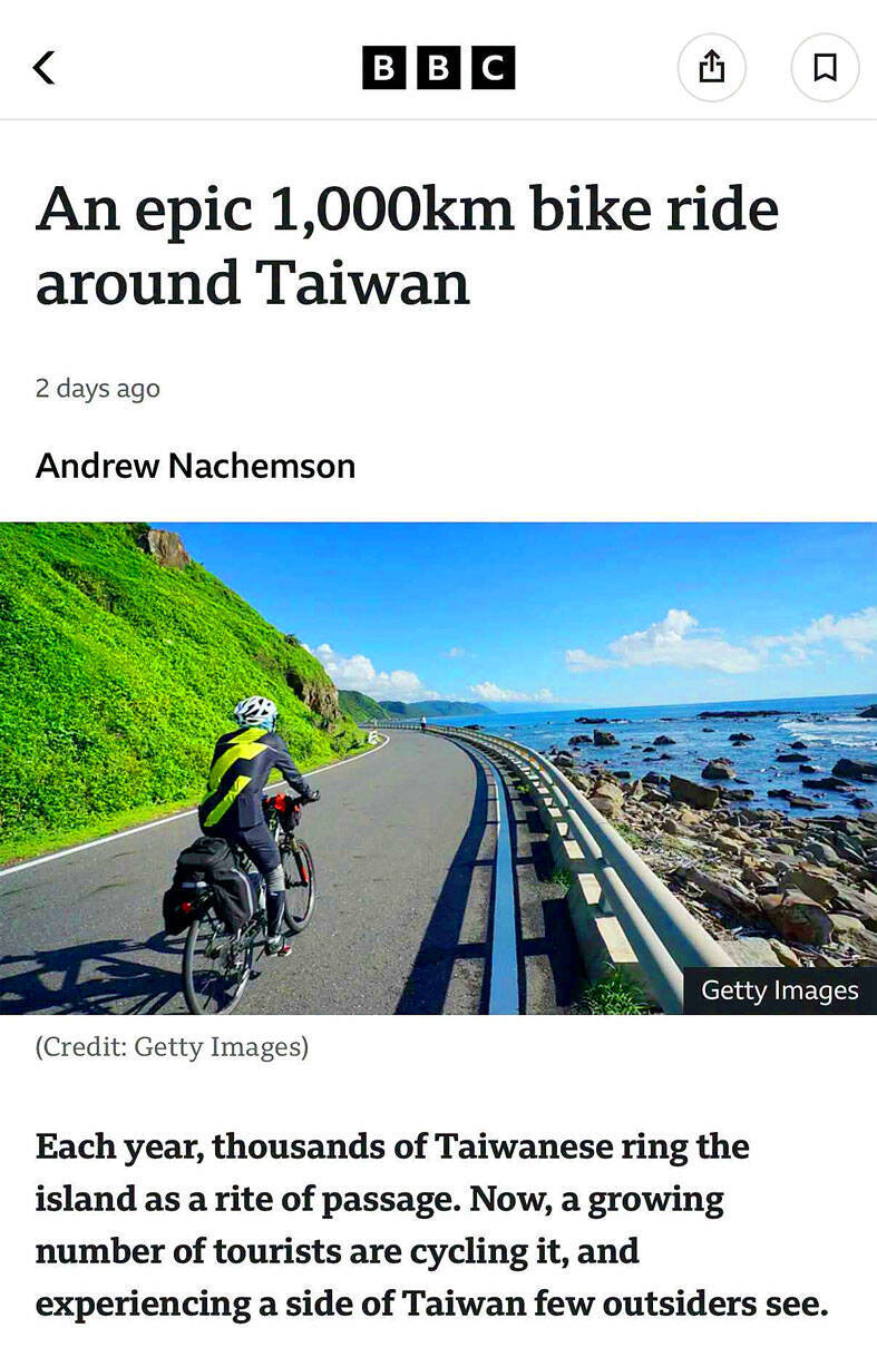 A screen grab of an article on the BBC’s Web site shows a person riding on Taiwan’s Cycling Route No. 1.
Photo: Screen grab from the BBC’s Web site