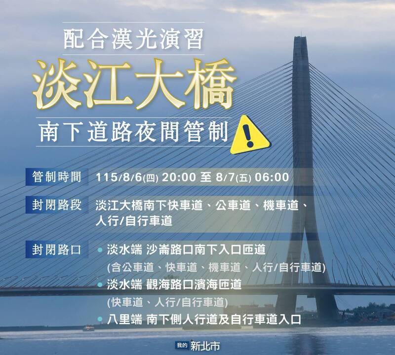 配合國軍演習 淡江大橋、光復橋、市道106線交管、公車改道