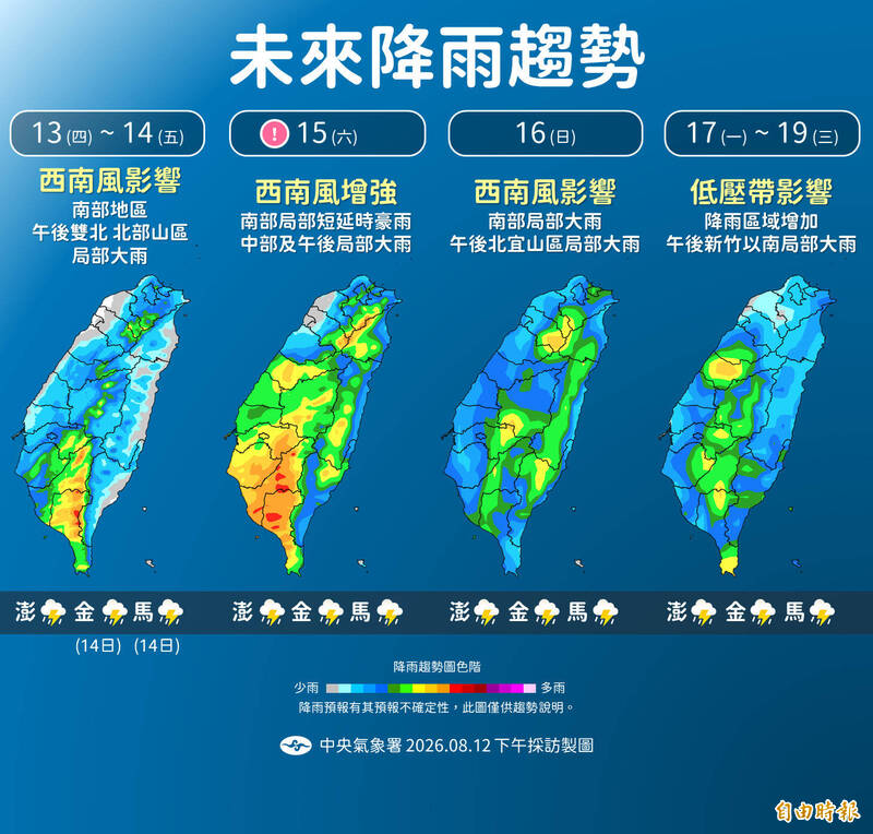 明後天南部、午後大台北防雨彈 週六全台濕答答