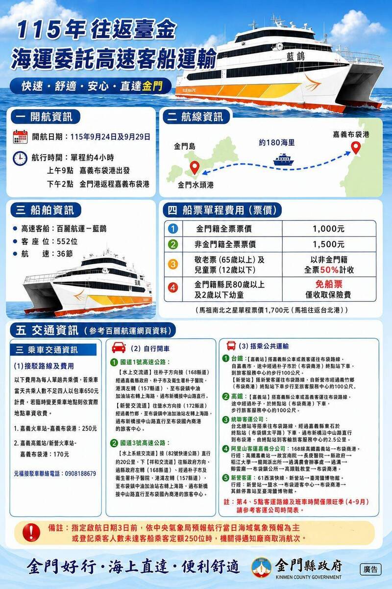 嘉義到金門只要4小時 中秋節「台金直航高速船」即起訂位