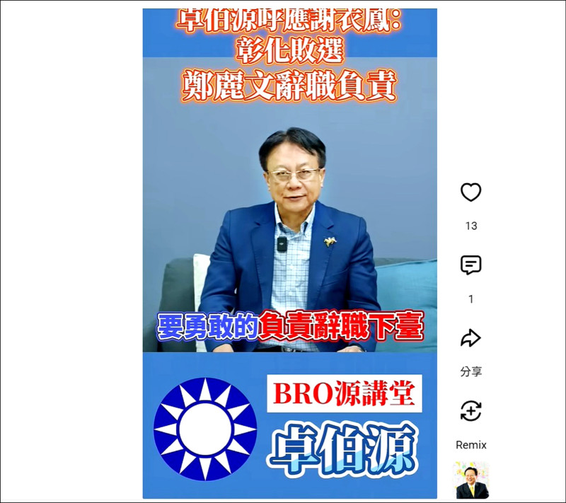 點名鄭麗文 卓伯源:彰化若敗選辭職下台