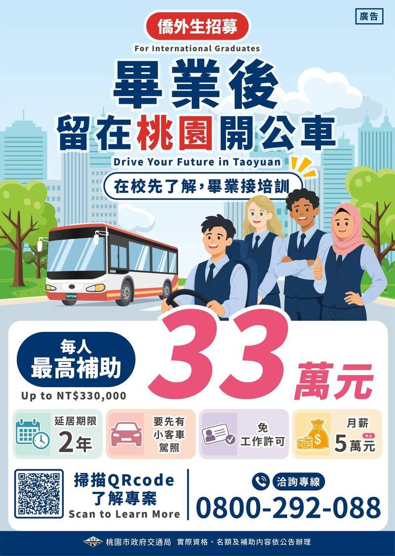 桃園招募畢業僑外生開公車 獎勵、補助最高33萬元