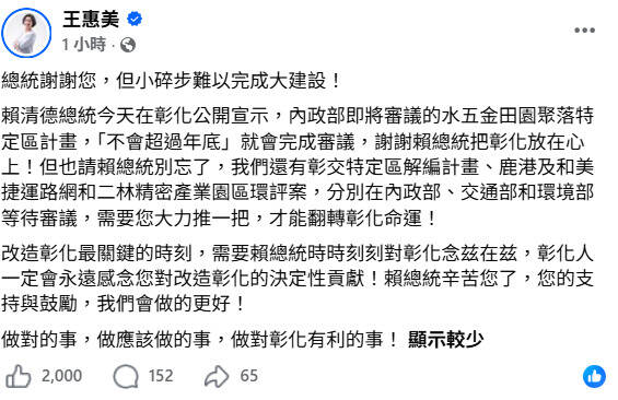 王惠美發文「謝謝總統」再惹火藍營 網酸爆:後悔當初投給妳