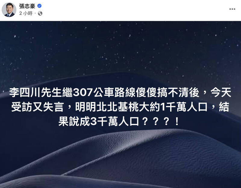 李四川提基北北桃人口近上千萬 綠張志豪質疑講成「3000萬」
