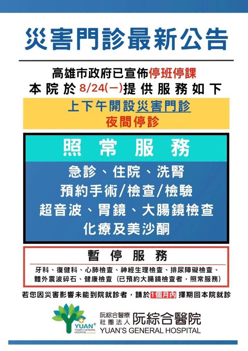 高雄豪雨停班停課 各大醫院門診與急診服務一次看