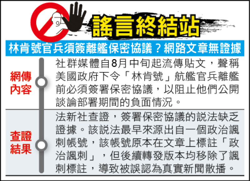 謠言終結站》林肯號官兵須簽離艦保密協議？網路文章無證據