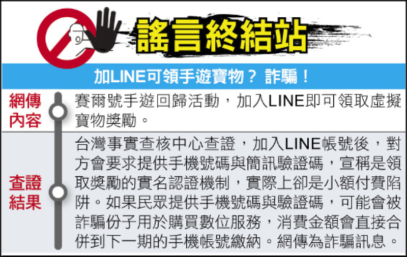 謠言終結站 》 加LINE可領手遊寶物? 詐騙!