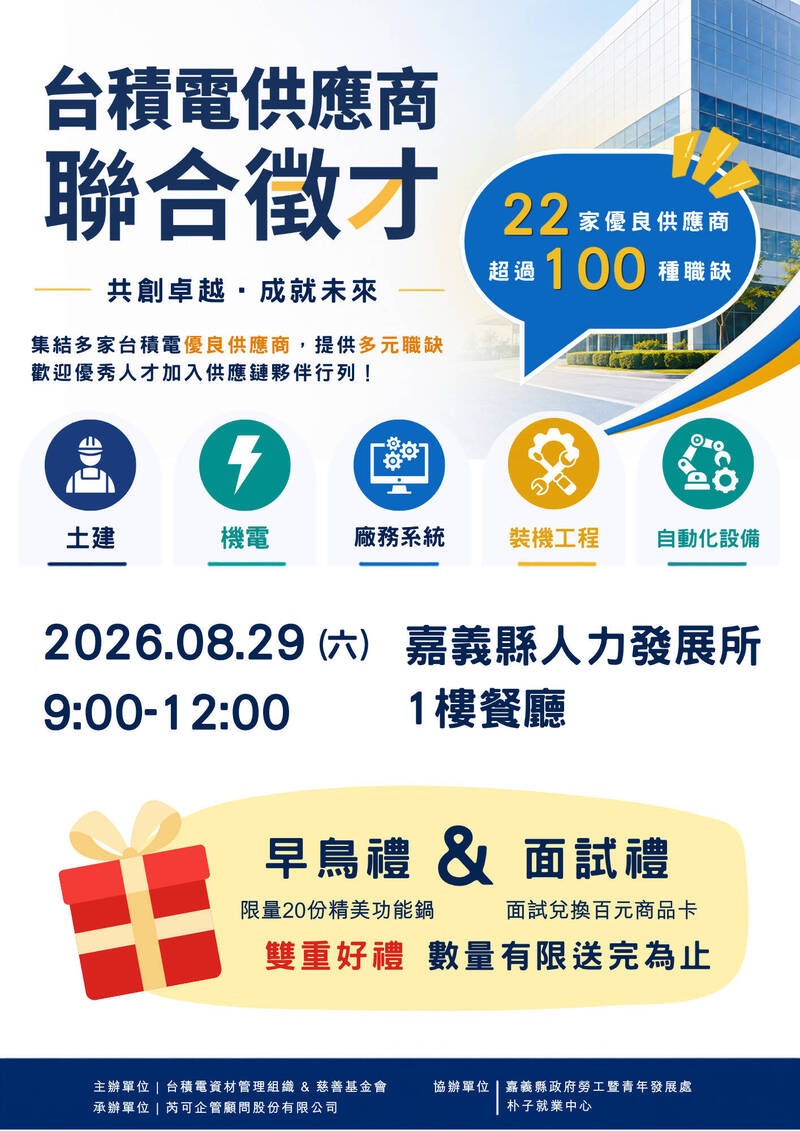 台積電優良供應商8/29嘉義聯合徵才 釋出近千個工作機會