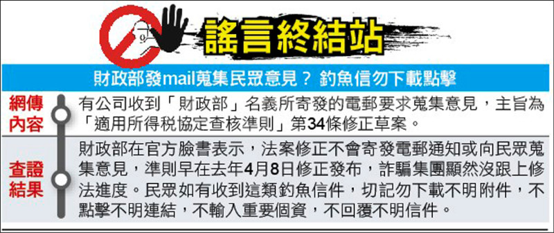 謠言終結站》財政部發mail蒐集民眾意見? 釣魚信勿下載點擊
