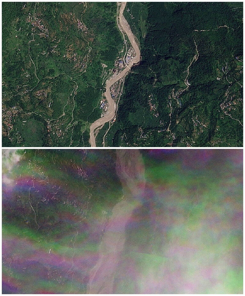 尼泊爾與中國交界地區26日發生大規模山洪暴發，造成嚴重災情。圖為「星球實驗室」將本月23日及26日的衛星圖進行對照。（路透）