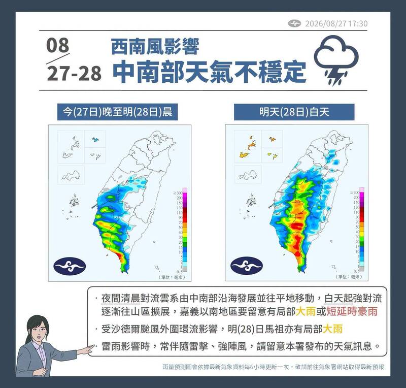 受西南風影響,週五中南部天氣不穩定。(圖取自臉書專頁「報天氣-中央氣象署」) 受西南風影響,週五中南部天氣不穩定。(圖取自臉書專頁「報天氣-中央氣象署」)