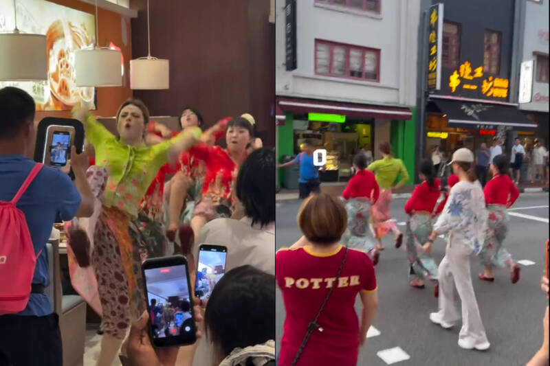 吃到一半突拍桌大跳!中國舞團穿娘惹服「撩裙踢腿」大鬧新加坡
