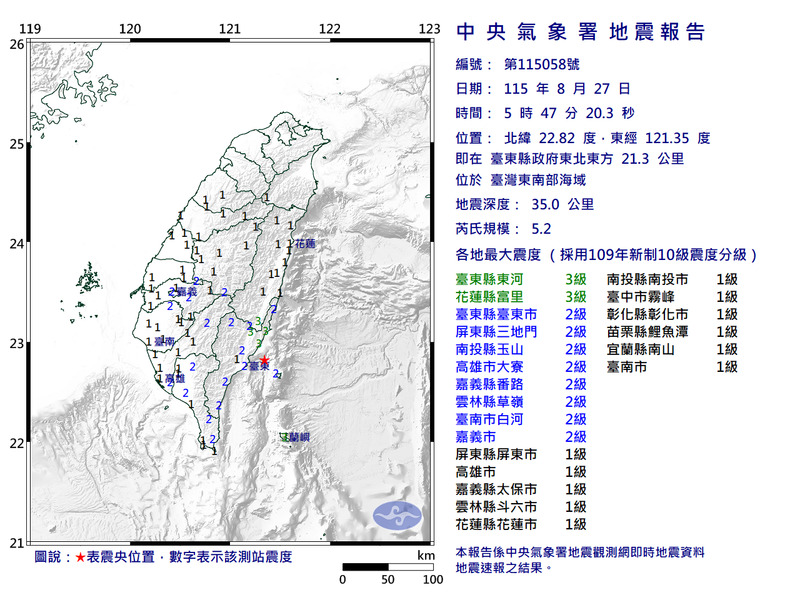 清晨5:47東南部海域規模5.2地震 最大震度3級