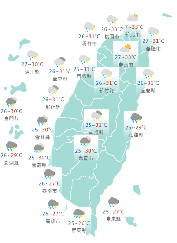 週一氣溫。(擷取自中央氣象署網站) 週一氣溫。(擷取自中央氣象署網站)