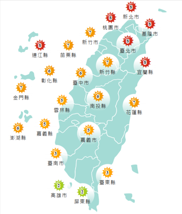 紫外線指數,基隆、雙北、桃園、宜蘭和連江縣達過量級。(擷取自中央氣象署網站) 紫外線指數,基隆、雙北、桃園、宜蘭和連江縣達過量級。(擷取自中央氣象署網站)