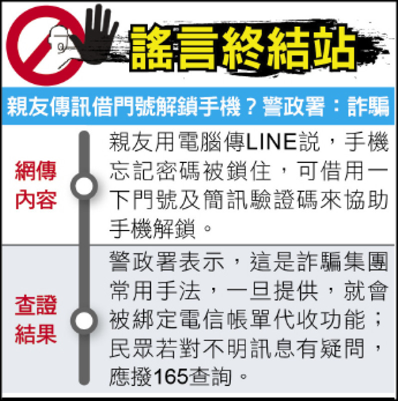 謠言終結站》親友傳訊借門號解鎖手機?警政署:詐騙