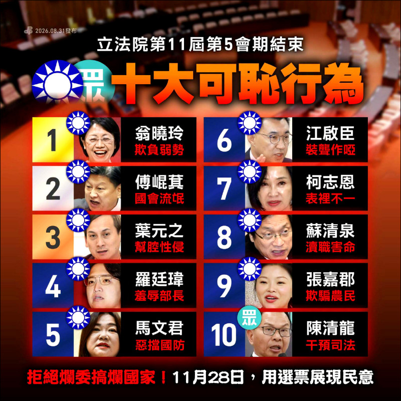 民進黨公布十大爛委 翁曉玲榜首