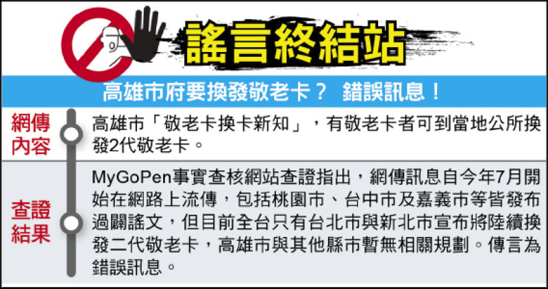 謠言終結站》 高雄市府要換發敬老卡? 錯誤訊息!