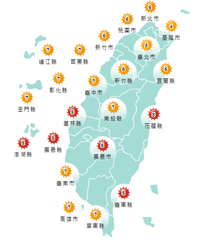 週二紫外線指數。(圖擷取自氣象署網站) 週二紫外線指數。(圖擷取自氣象署網站)