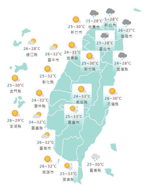 週二白天天氣預測。(圖擷取自氣象署網站) 週二白天天氣預測。(圖擷取自氣象署網站)