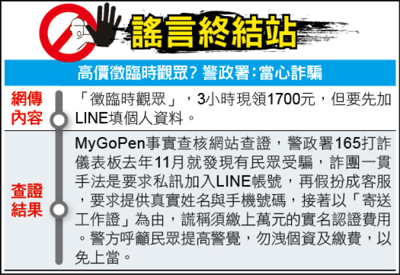 謠言終結站》高價徵臨時觀眾? 警政署:當心詐騙