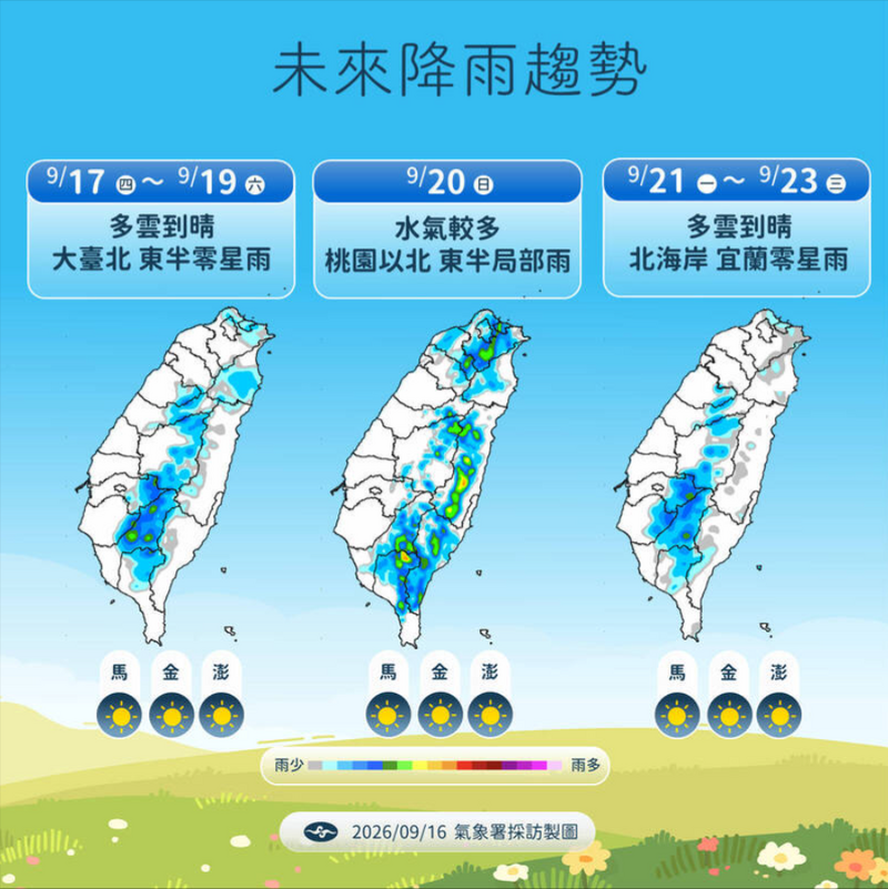 週四基隆北海岸、宜蘭及大台北山區降雨機率高,午後中南部有短暫陣雨。(氣象署提供) 週四基隆北海岸、宜蘭及大台北山區降雨機率高,午後中南部有短暫陣雨。(氣象署提供)