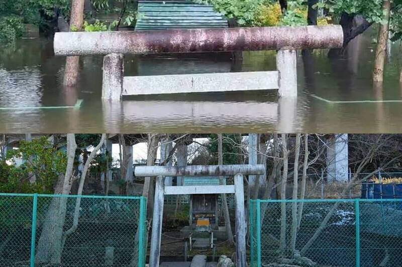 杜鵑颱風共伴關東豪雨4級危險警報 神社慘淹只剩鳥居浮在水面