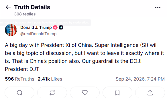美國總統川普發文預告，他將與中國國家主席習近平討論人工智慧議題。（擷取自Truth Social）