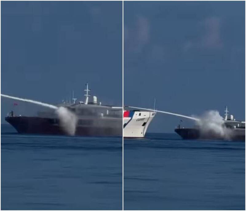 稅金花在這裡......爽!中國漁船闖東沙海域賴著不走 海巡水砲出擊影片曝