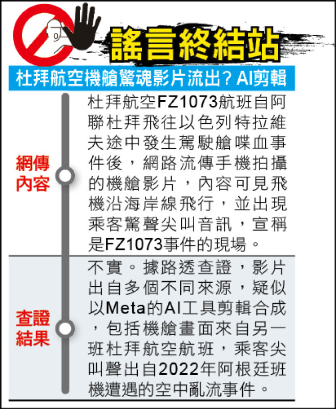 謠言終結站》杜拜航空機艙驚魂影片流出? AI剪輯合成
