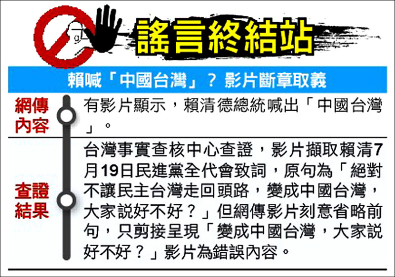 謠言終結站》賴喊「中國台灣」? 影片斷章取義
