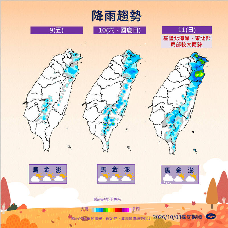 國慶連假偶雨「週日迎風面有大雨」 下週再迎東北季風