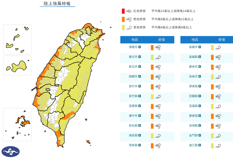 全台陸上強風特報!14縣市亮橘燈 影響至週五晚上