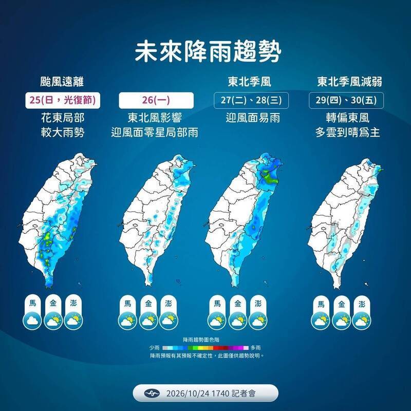 未來降雨趨勢。(氣象署提供) 未來降雨趨勢。(氣象署提供)