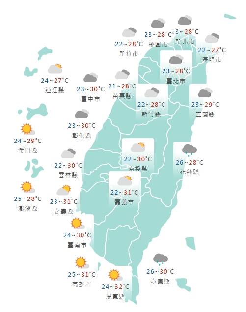 週日白天氣溫。(擷取自中央氣象署網站) 週日白天氣溫。(擷取自中央氣象署網站)