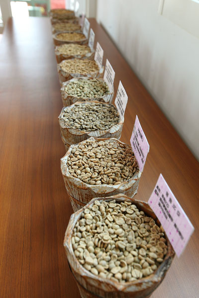 現場展示著來自世界各地的咖啡豆。