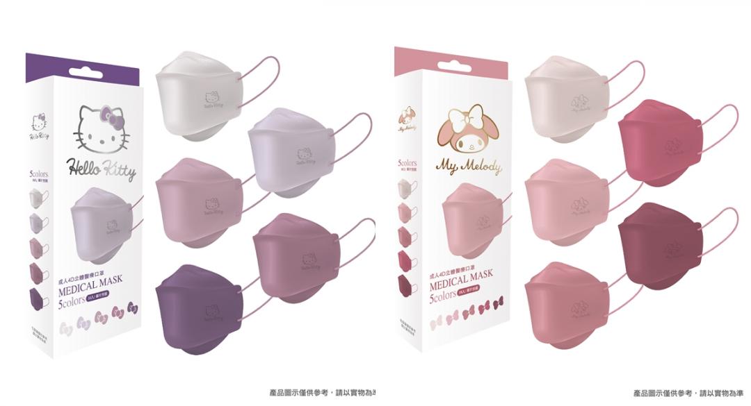 1月26日壓軸登場的Hello Kitty 4D立體口罩紫色款與Melody 4D立體口罩粉色款，每盒10片，售價199元。（圖片提供／台歐企業）