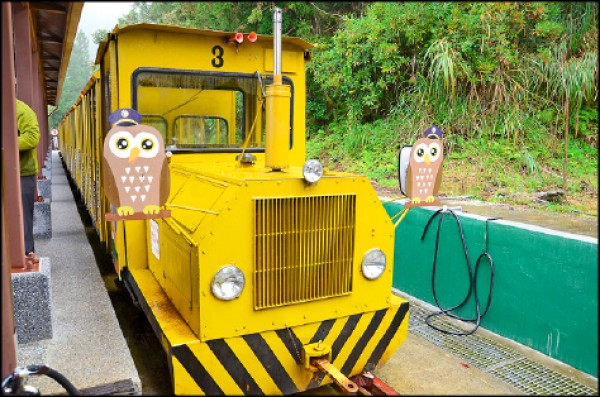 蹦蹦車車頭處設計，結合太平山上常見保育動物圖騰。（記者沈昱嘉／攝影）