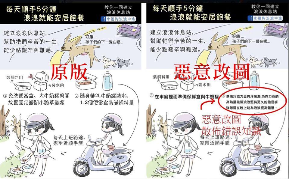 近日有人惡意竄改幸福狗流浪中途粉專用來教導民眾餵養浪浪的插圖，遭惡改的圖上，還寫著可以餵食狗狗巧克力及洋蔥的錯誤訊息。（圖片提供／幸福狗流浪中途臉書專頁）