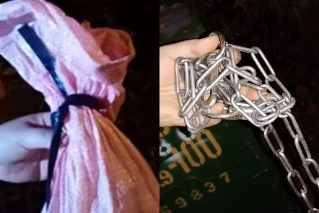 狗狗被裝在粉色的布袋中，還用塑膠繩封口，外圈甚至更用鐵鍊捆住。（圖片提供／李姓網友）
